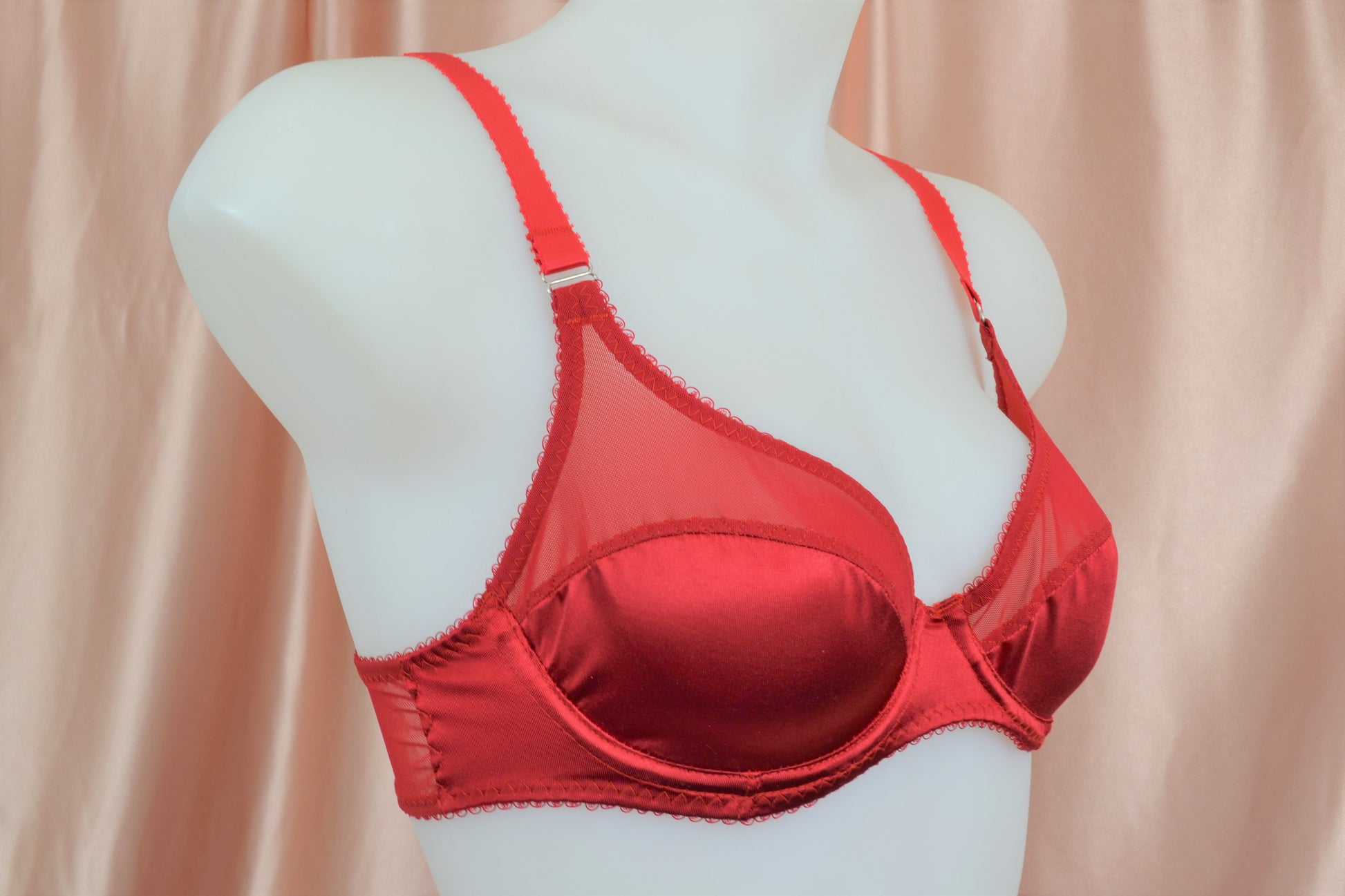 red satin shapewear lingerie. Vintage inspired valentines underwear. Red shapewear satin and red power net underwired bra, six strap suspender belt with steel garter clips and classic cut knicker or high waisted pantie girdle. Custom made red lingerie made to order in the UK. Red satin underwear with no lace. Perfect for Christmas and Valentines
