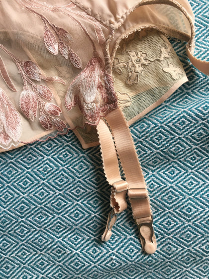 tulip embroidery sheer soft bra, 6 strap metal suspender garter eblt and classic knicker. plus size retro and vintage inspired lingerie made in the uk by Pip & Pantalaimon
