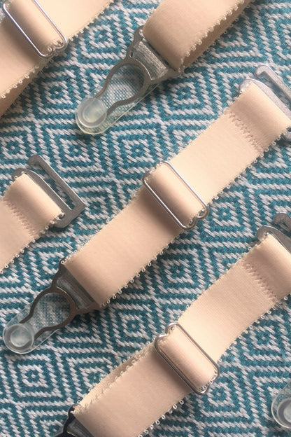 replacement detachable suspender straps garter clips clips for stockings seamed stockings adjustable removeable straps for lingerie and underwear in beige nude skin biscotti peach black and white extra wide 20mm. strong silver steel garter grips