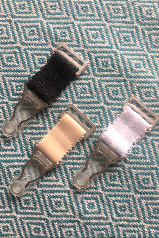 short suspender clips suspender straps garter clips garter straps for girdles and stockings. steel and strong Black white or biscotti beige 20mm wide extra wide. black elastic with strong silver steel garter grips
