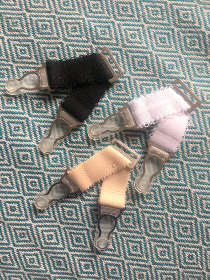 short detachable suspender straps  garter clips with hook for stockings. retro and vintage lingerie by Pip & Pantalaimon V STRAPS Extra Wide 20mm. Strong silver steel garter grips in black white or nude beige biscotti peach