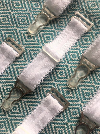 detachable suspender garter straps for lingerie and underwear. adjustable and removable replacements extra wide 20mm think strong straps for corset basque stockings garters. white elastic and strong silver steel garter grips
