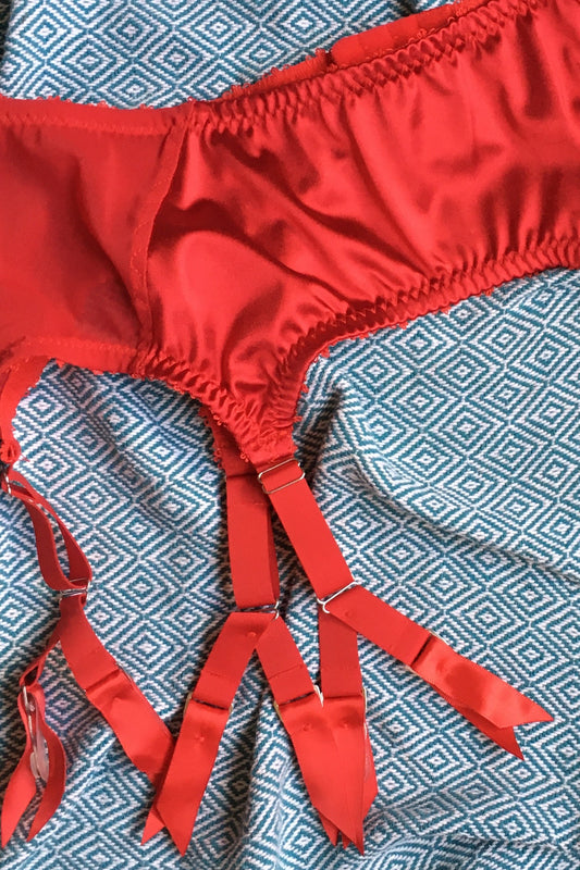 red satin y strap suspender garter belt red mesh christmas lingerie valentines underwear hourglass pantie girdle ethically and sustainably made in the uk by pip & pantalaimon retro and vintage lingerie