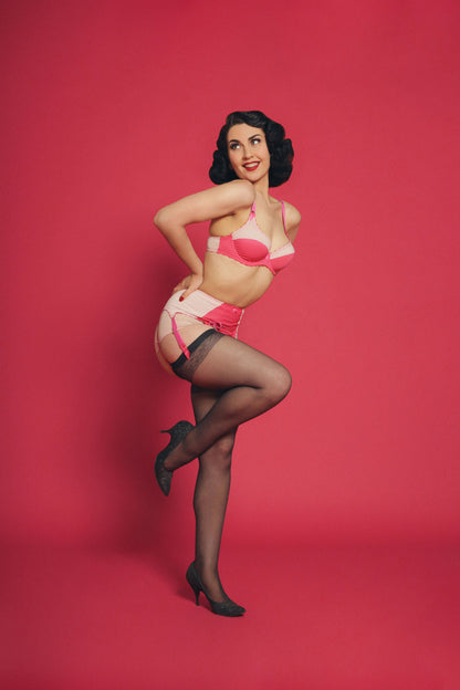 Barbie pink lingerie. Vintage inspired hot pink underwired bra with soft pink accents. 6 strap barbie pink suspender belt garter belt and matching pink high waisted pantie knickers. Retro barbie themed underwear