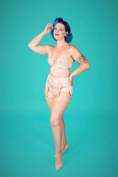 tulip embroidery sheer soft bra, 6 strap metal suspender garter eblt and classic knicker. plus size retro and vintage inspired lingerie made in the uk by Pip & Pantalaimon