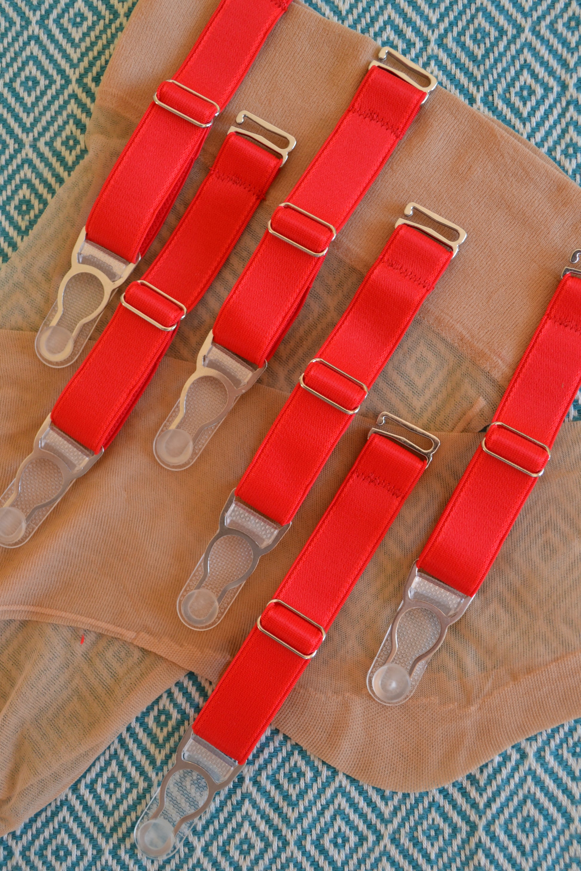 RED  ADJUSTABLE detachable suspender garter clips with hook for stockings. retro and vintage lingerie by Pip & Pantalaimon. 15mm wide elastic and strong silver steel garter grips