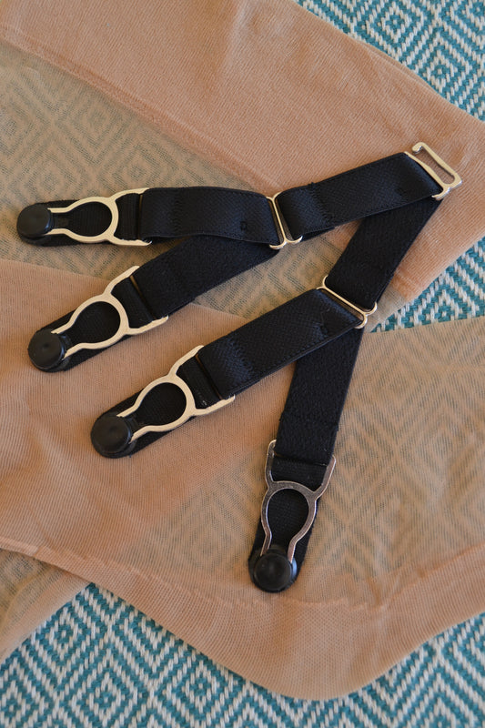 black multi webbed fetish BDSM ADJUSTABLE detachable suspender garter clips with hook for stockings. retro and vintage lingerie by Pip & Pantalaimon. detachable suspender garter straps for lingerie and underwear. adjustable and removable replacements. Black elastic 15mm metal garter clips to attach to nylon seams stockings