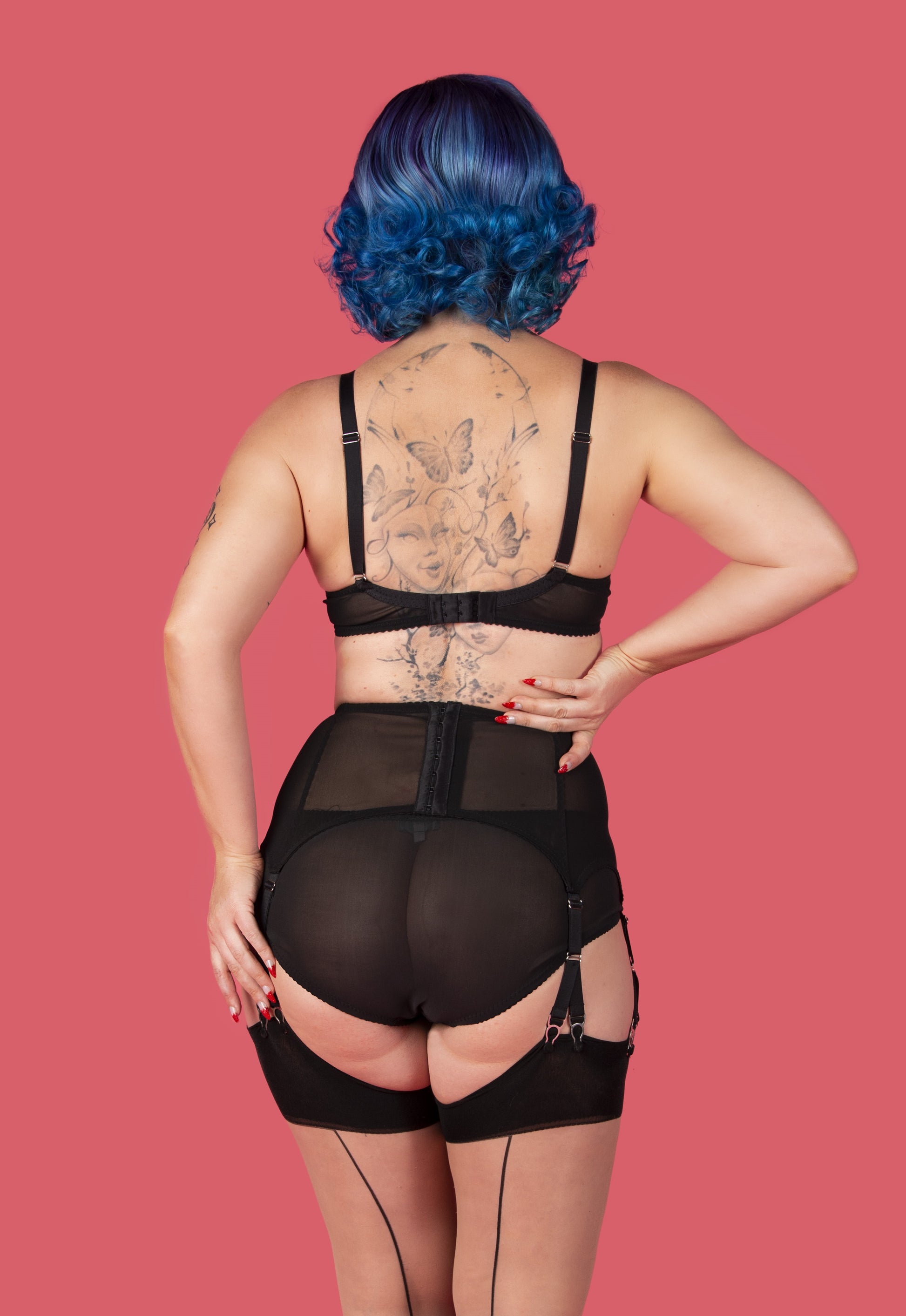 black satin classic peep bra. front fastening. vintage and retro inspired plus size lingerie by pip and pantalaimon