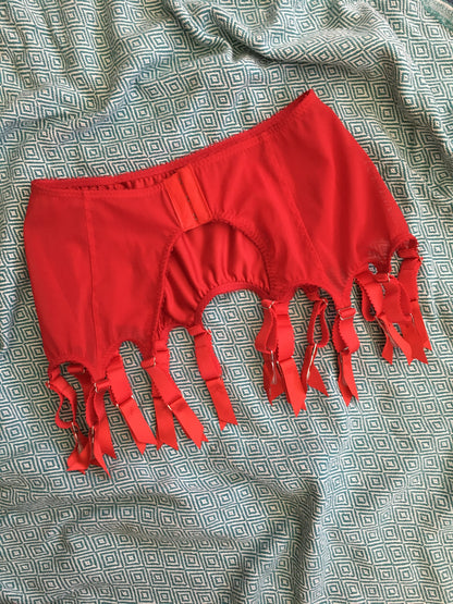 red satin shapewear lingerie. Vintage inspired valentines underwear. Red shapewear satin and red power net underwired bra, six strap suspender belt with steel garter clips and classic cut knicker or high waisted pantie girdle. Custom made red lingerie made to order in the UK. Red satin underwear with no lace. Perfect for Christmas and Valentines